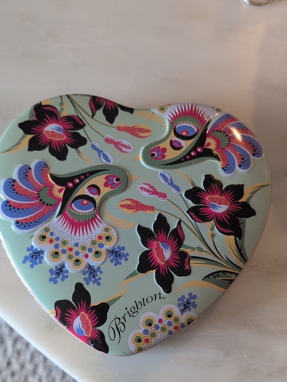 Brighton Heart Shaped Tin - Floral Paisley Design in Mint & Black
